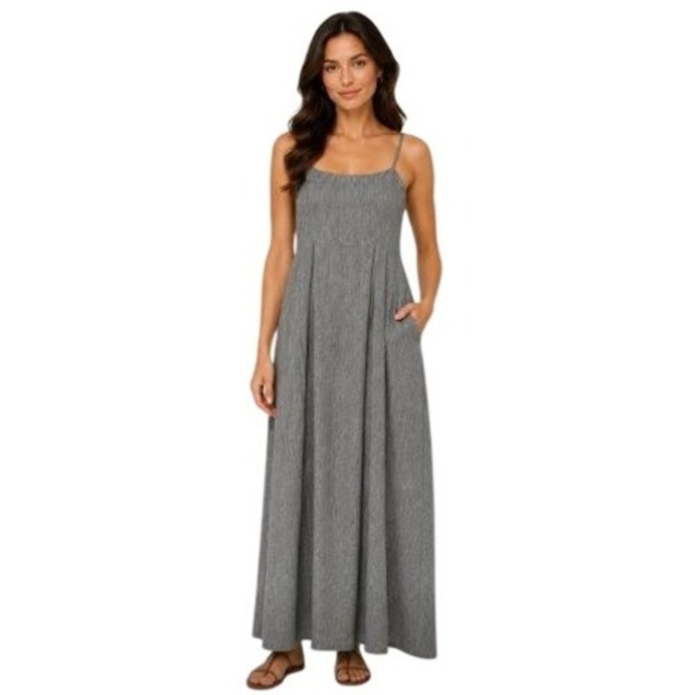 Forever 21 Maxi Dress XS Blue White Striped Linen Blend Wide Leg Pockets Coastal